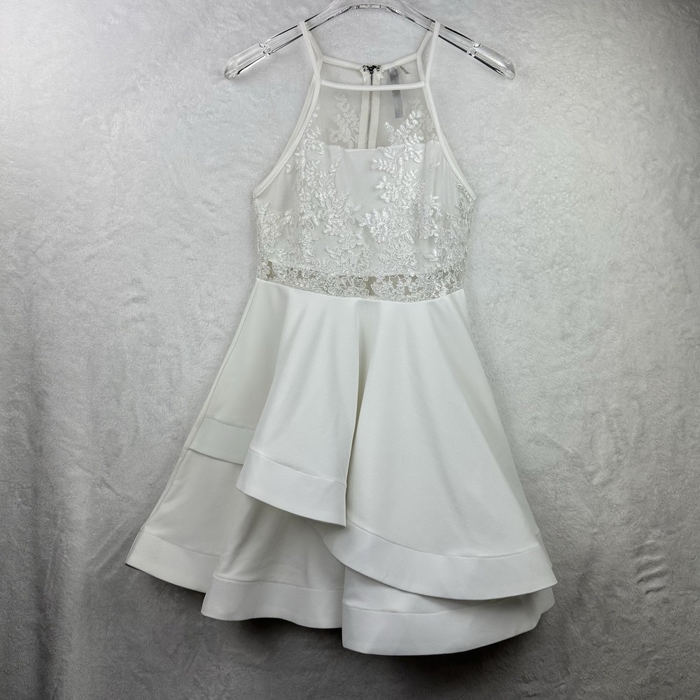 Womens White Small Cocktail Dress Halter Sleeveless Bodice Structured Tiered